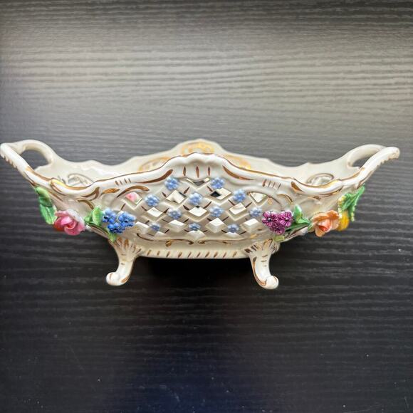 Antique Dresden Carl Thieme Signed Lattice Oval Bowl w/ Porcelain Flowers READ - Picture 3 of 12